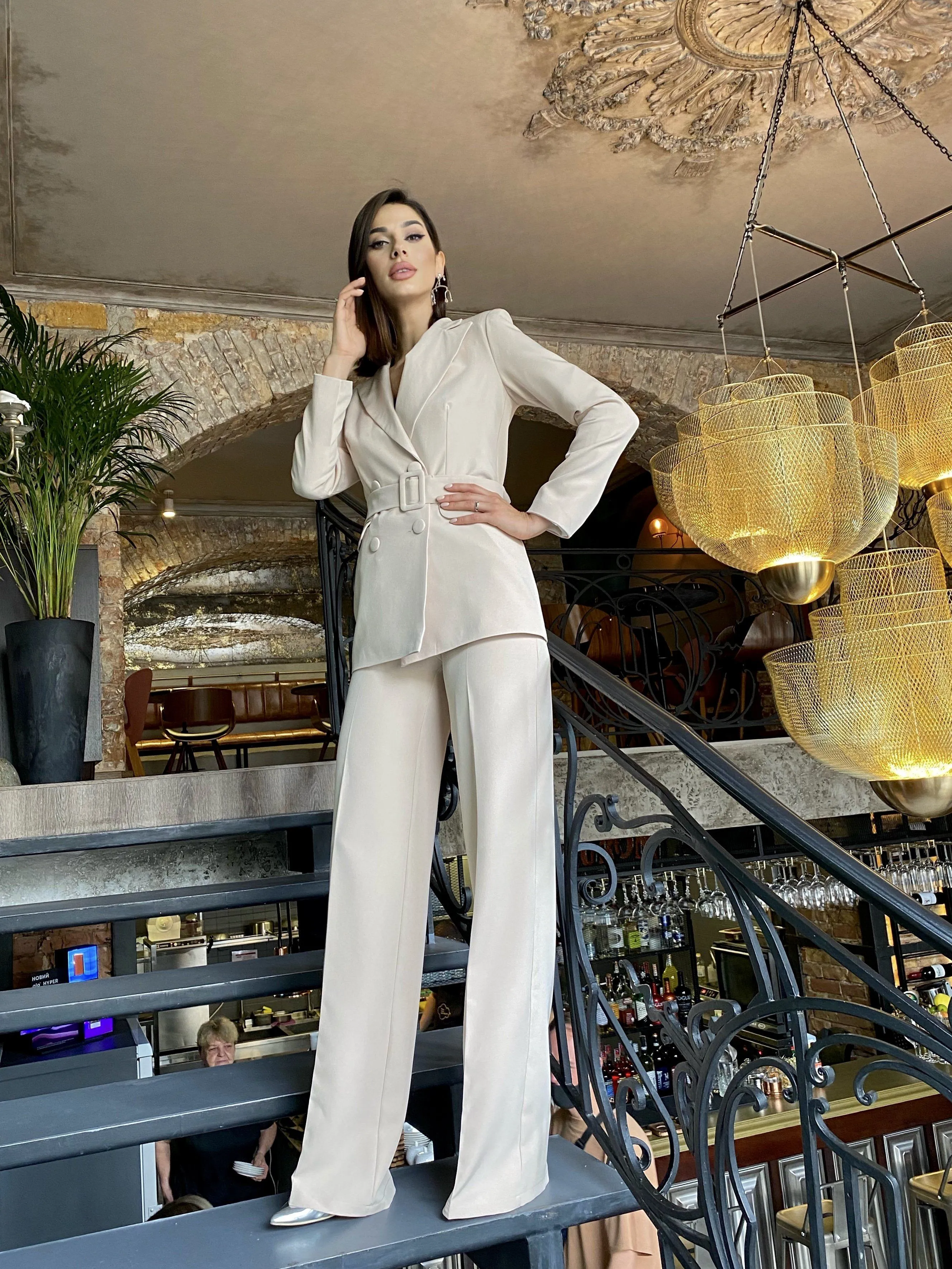 Beige Belted Double Breasted Suit 2-Piece