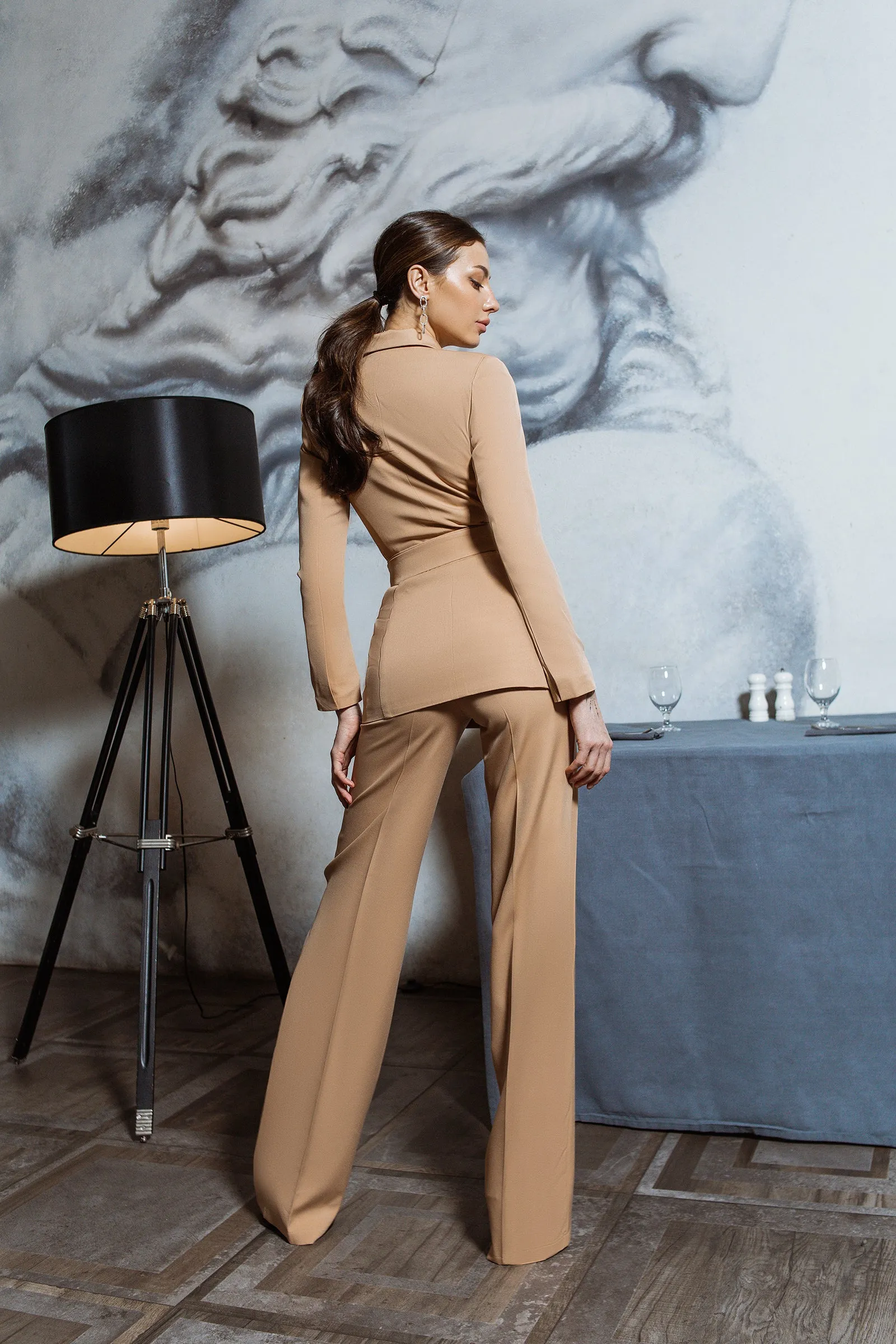 Beige Belted Double Breasted Suit 2-Piece