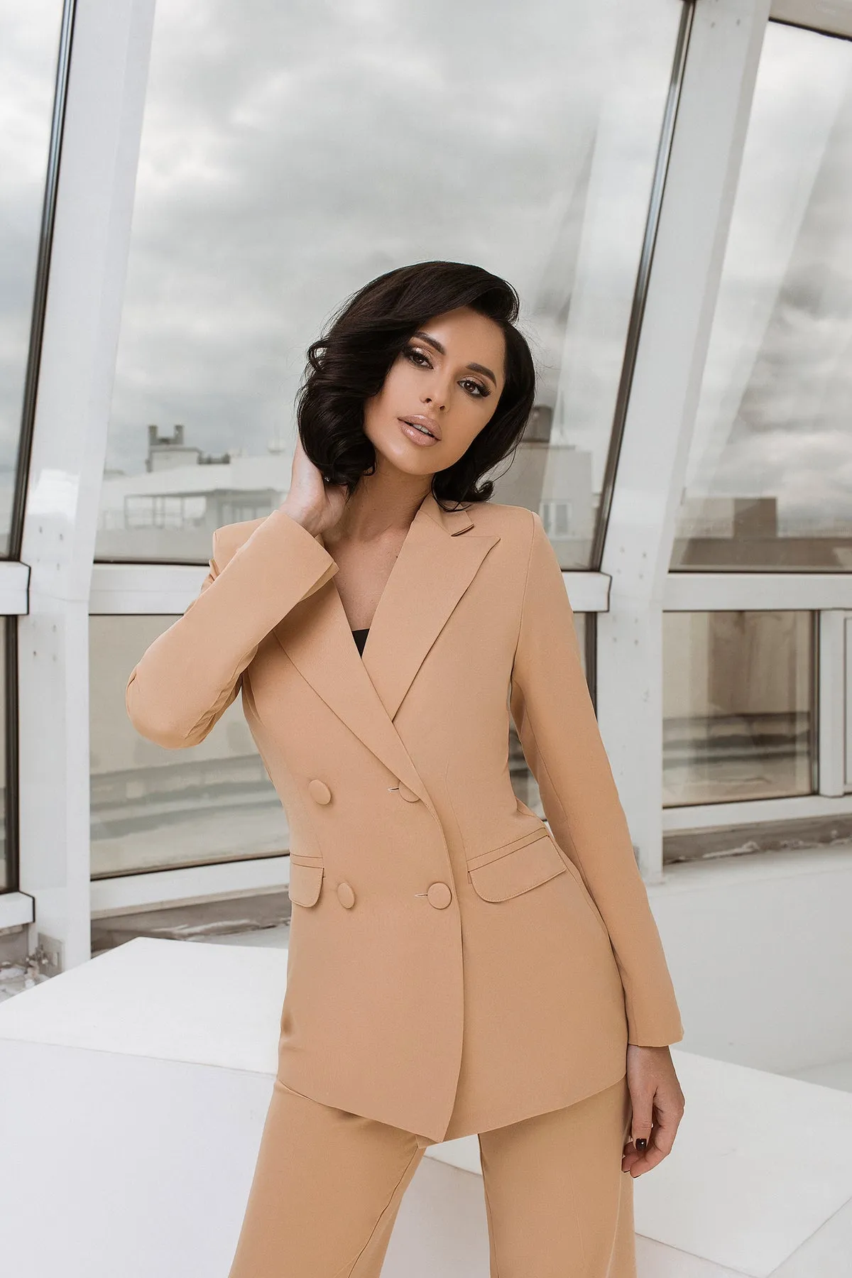 Beige Belted Double Breasted Suit 2-Piece