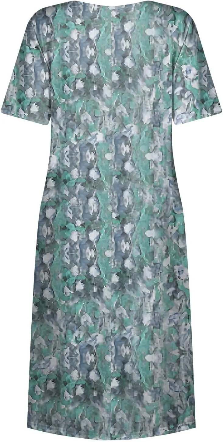 Below The Knee Short Sleeve Cover Up Ladies Dressy Classic Summer Soft Graphic Cotton Dress for Women.