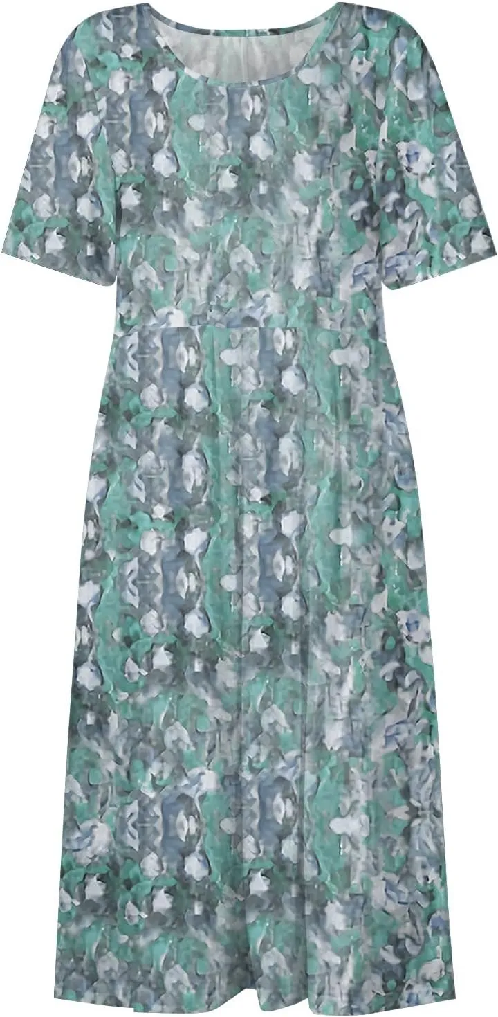 Below The Knee Short Sleeve Cover Up Ladies Dressy Classic Summer Soft Graphic Cotton Dress for Women.