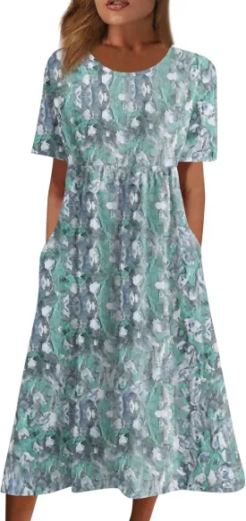 Below The Knee Short Sleeve Cover Up Ladies Dressy Classic Summer Soft Graphic Cotton Dress for Women.