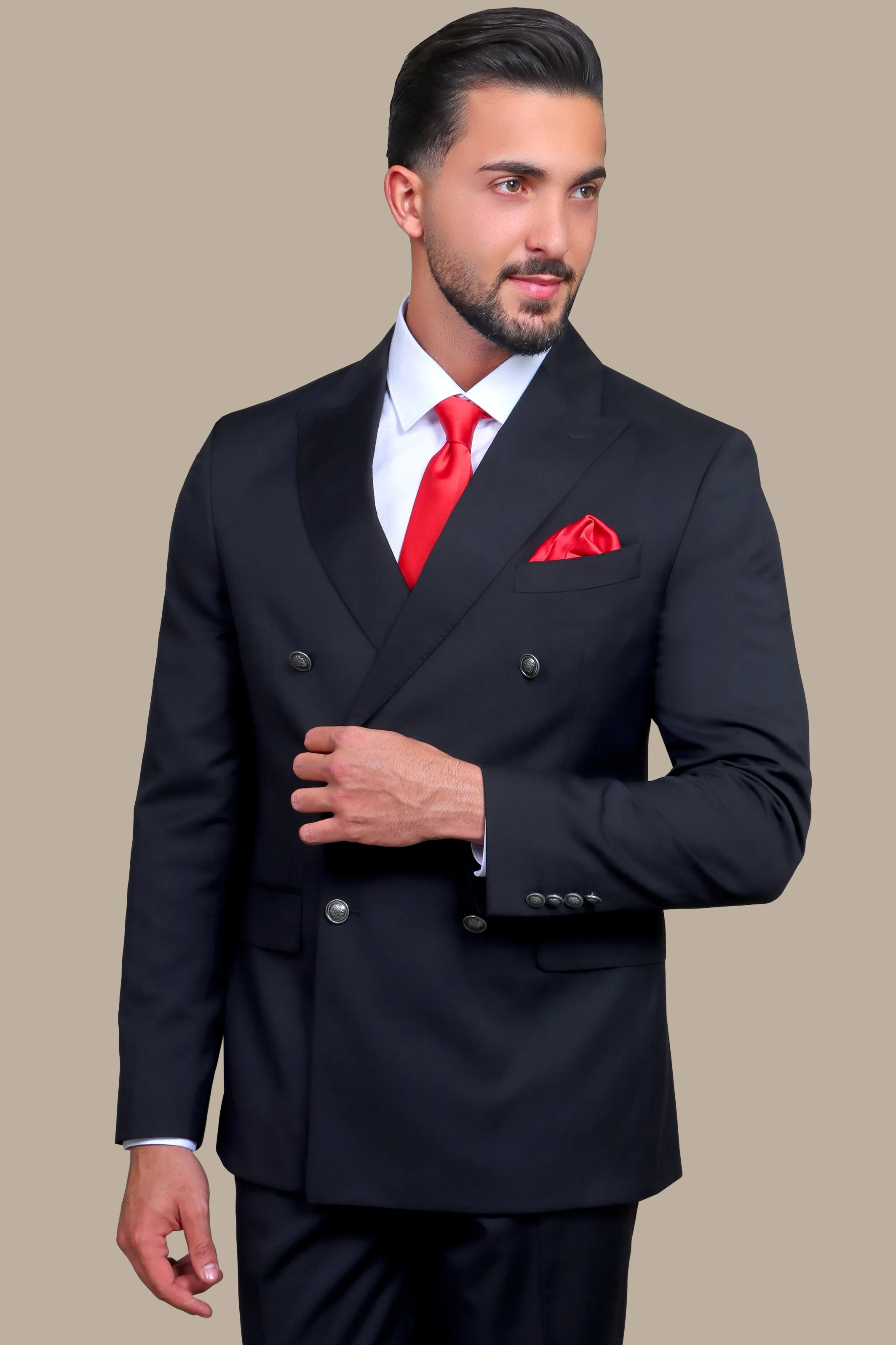 Black Double-Breasted Suit with Metal Buttons – 3-Piece Set