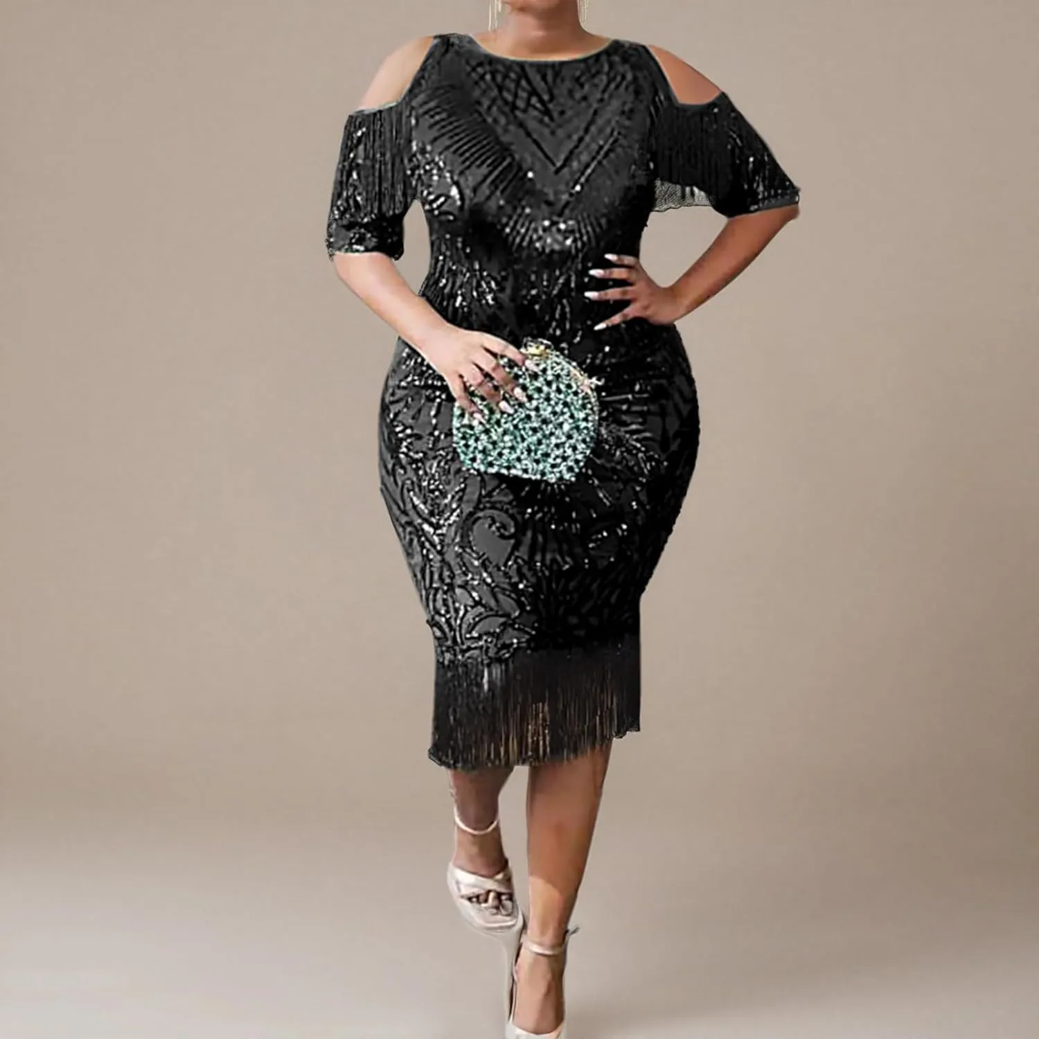 Cololura Sexy Elegant Women Sequin Short Sleeve Tassel Bodycon Midi Dress Party Evening Gown Formal Dress
