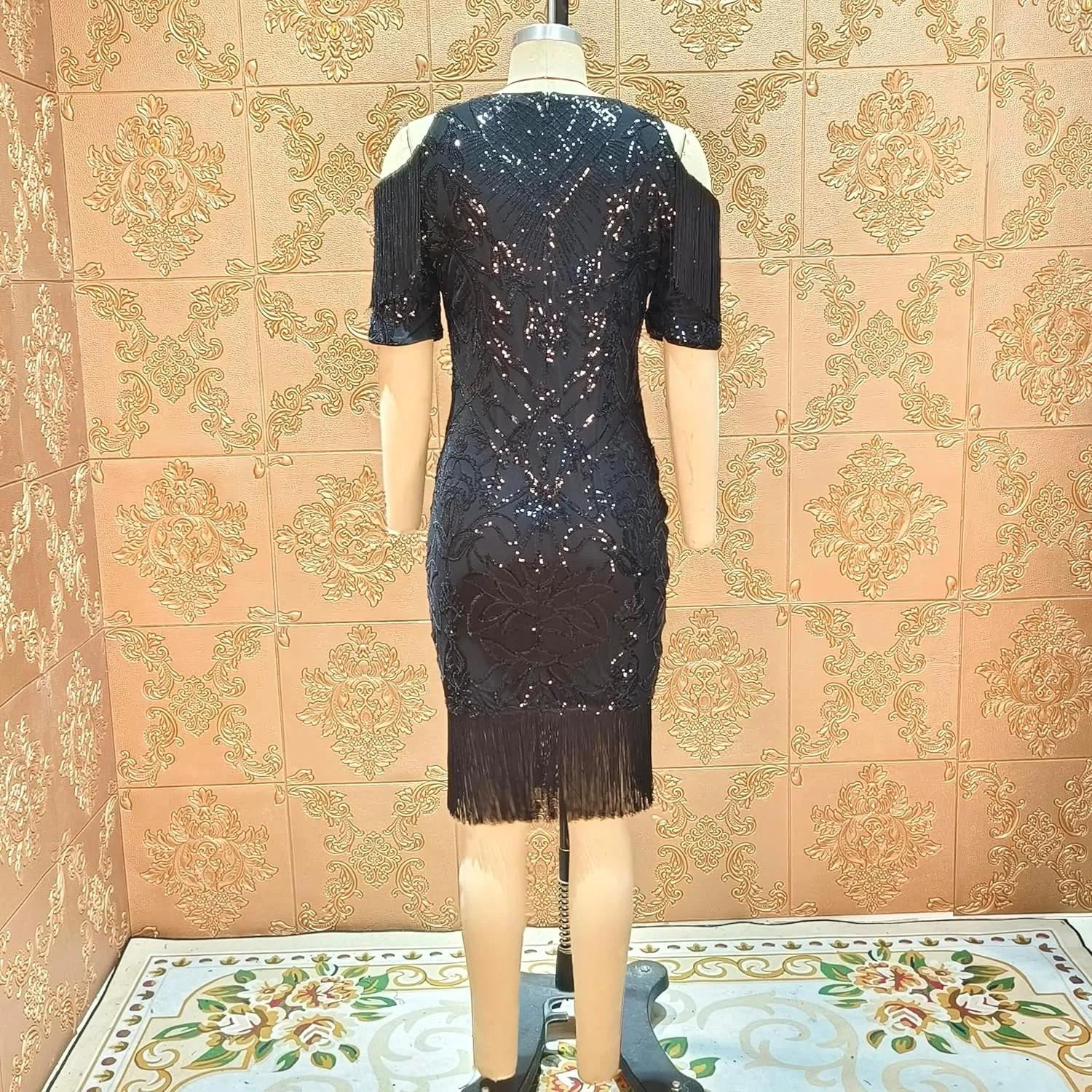 Cololura Sexy Elegant Women Sequin Short Sleeve Tassel Bodycon Midi Dress Party Evening Gown Formal Dress