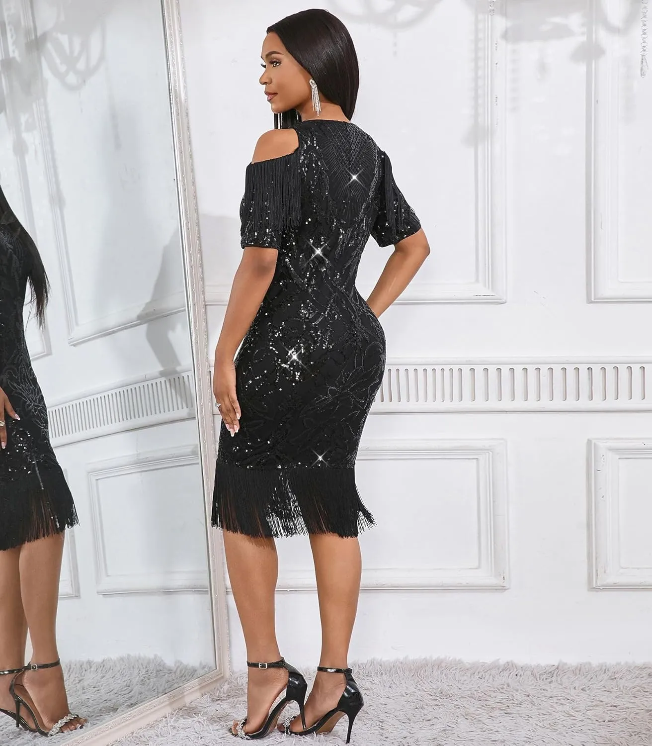 Cololura Sexy Elegant Women Sequin Short Sleeve Tassel Bodycon Midi Dress Party Evening Gown Formal Dress