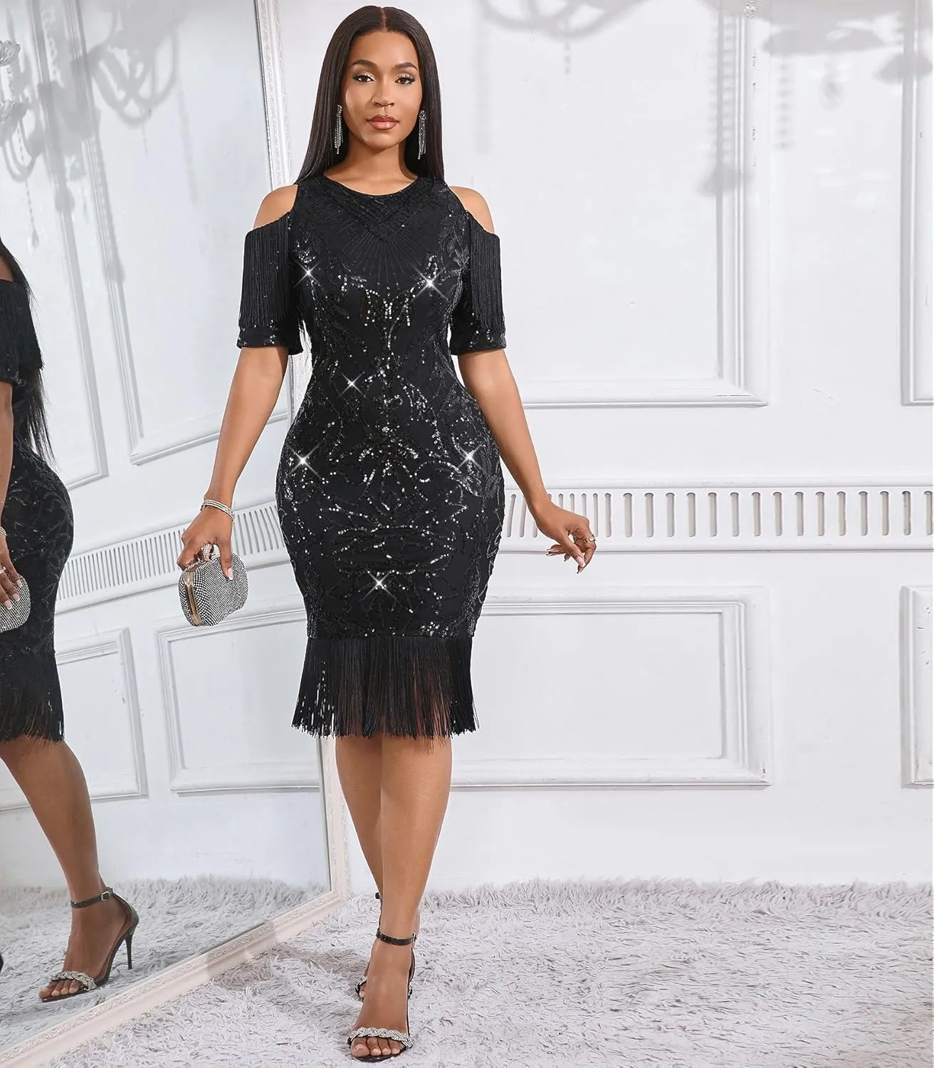 Cololura Sexy Elegant Women Sequin Short Sleeve Tassel Bodycon Midi Dress Party Evening Gown Formal Dress