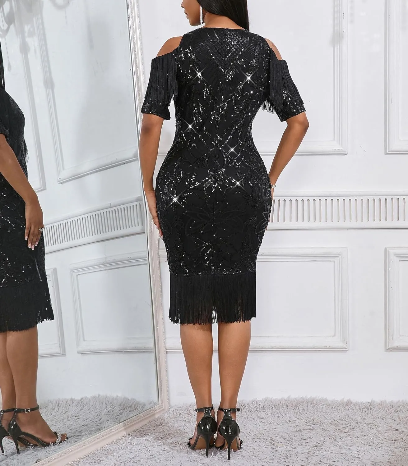 Cololura Sexy Elegant Women Sequin Short Sleeve Tassel Bodycon Midi Dress Party Evening Gown Formal Dress