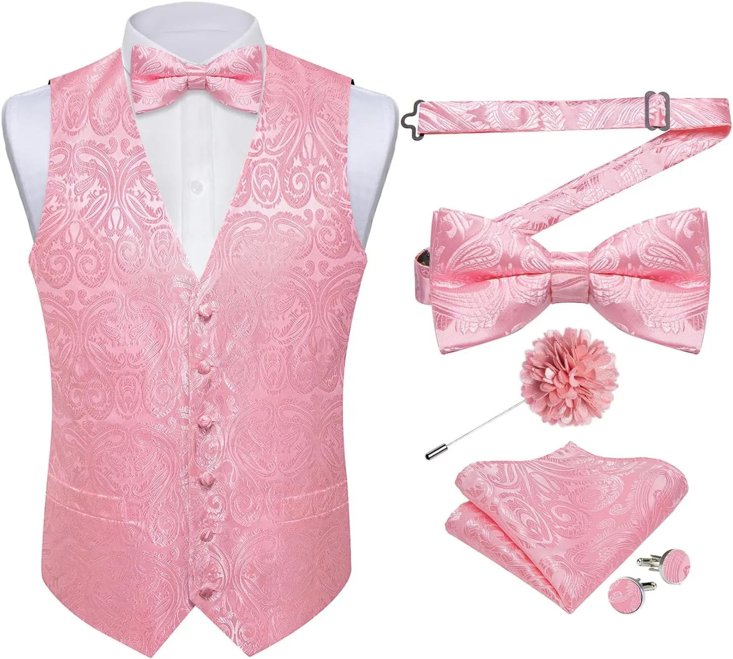 DiBanGu Silk Paisley Vest for Men Formal Suit Waistcoat and Bowtie Lapel Pin Set 7PCS Dress Vest for Suit or Tuxedo
