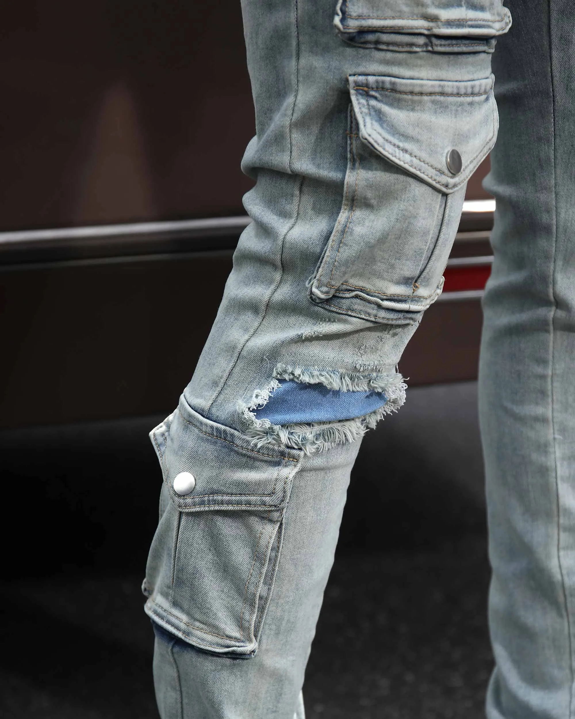 Distressed Blue Cargo Ripped Jeans with Multiple Pockets-Mexico Local Delivery