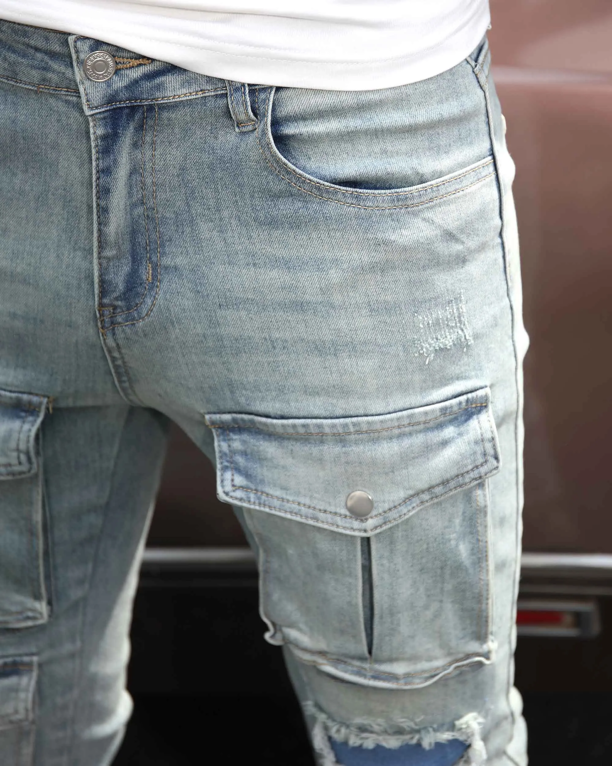 Distressed Blue Cargo Ripped Jeans with Multiple Pockets-Mexico Local Delivery