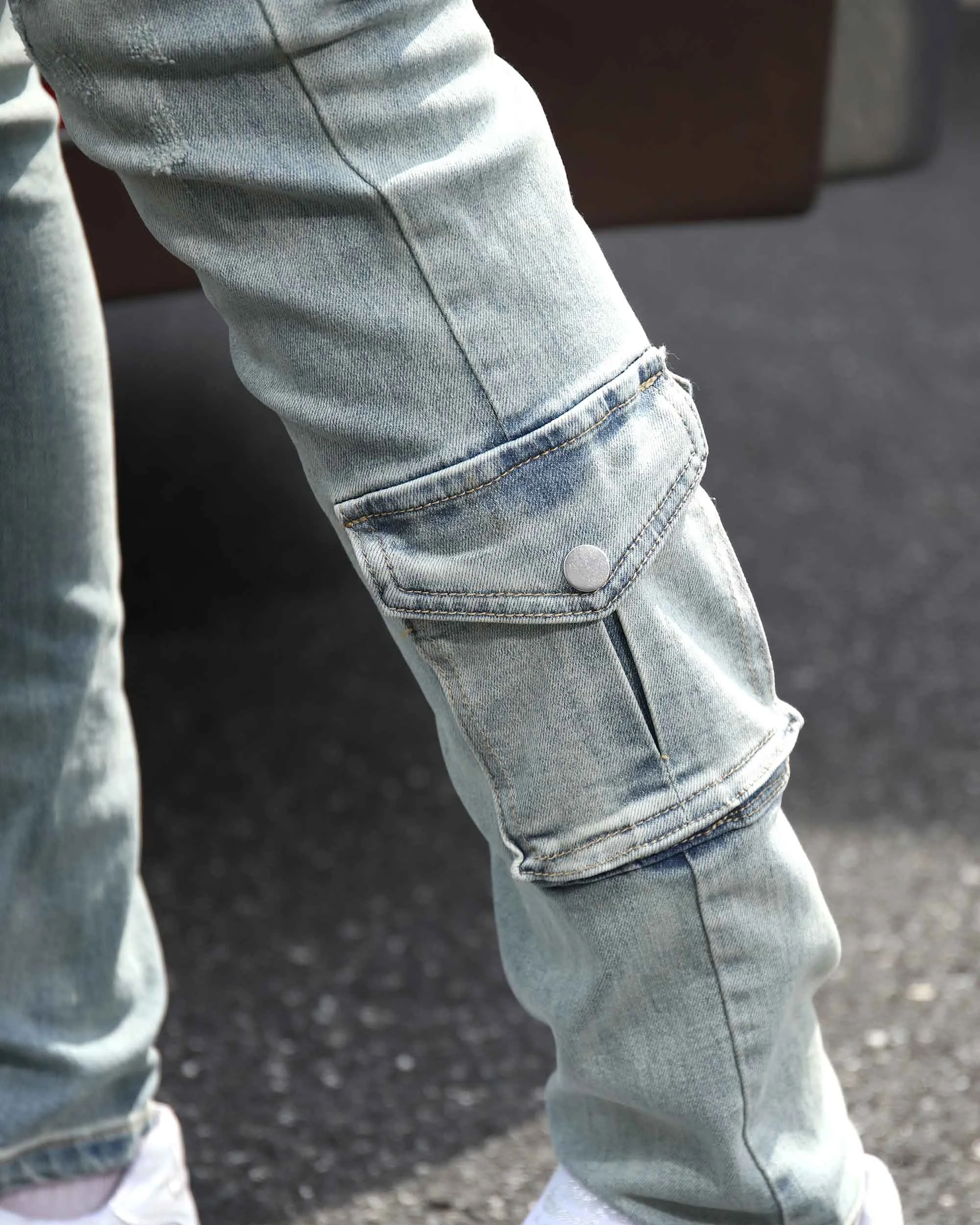 Distressed Blue Cargo Ripped Jeans with Multiple Pockets-Mexico Local Delivery