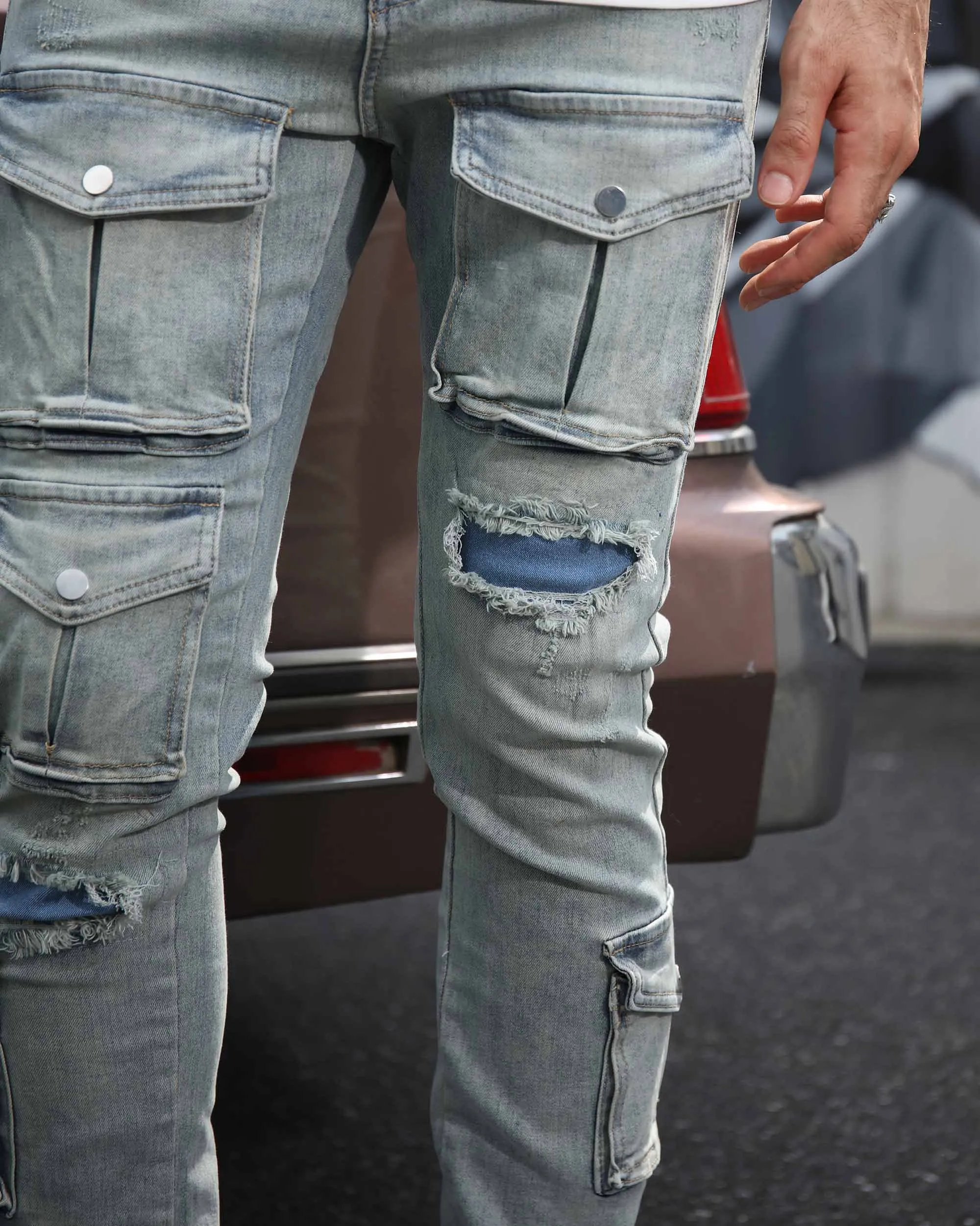 Distressed Blue Cargo Ripped Jeans with Multiple Pockets-Mexico Local Delivery
