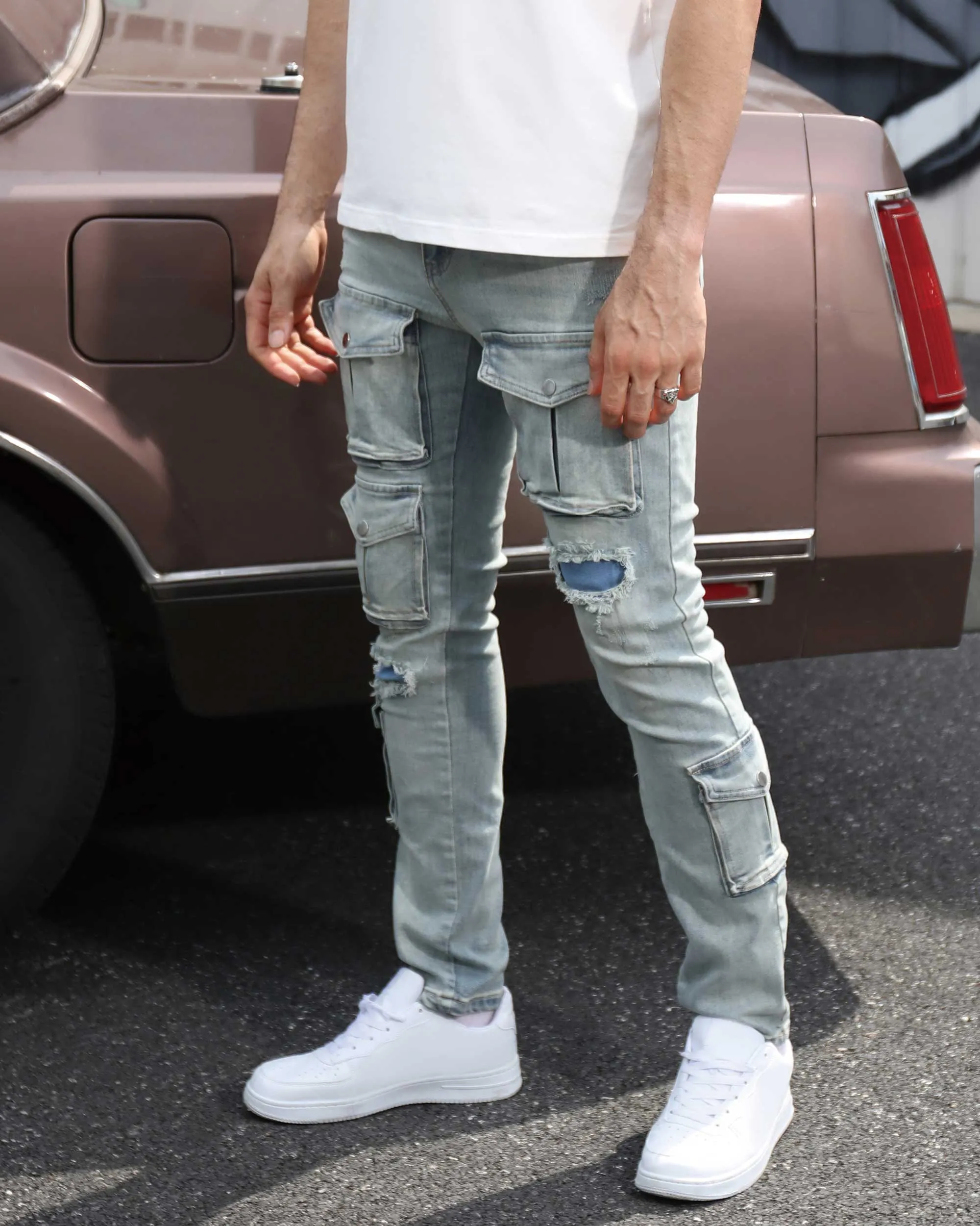 Distressed Blue Cargo Ripped Jeans with Multiple Pockets-Mexico Local Delivery