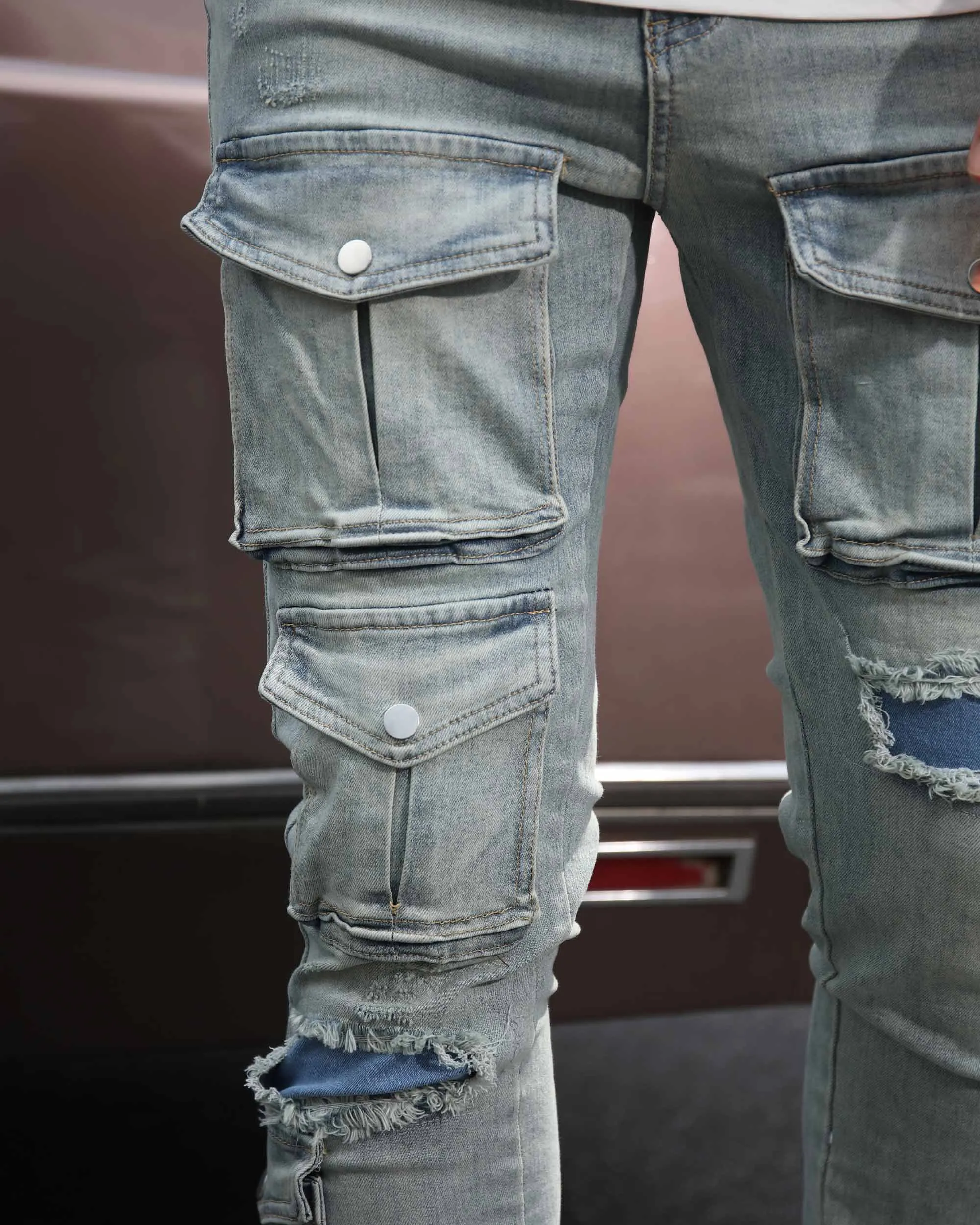 Distressed Blue Cargo Ripped Jeans with Multiple Pockets-Mexico Local Delivery