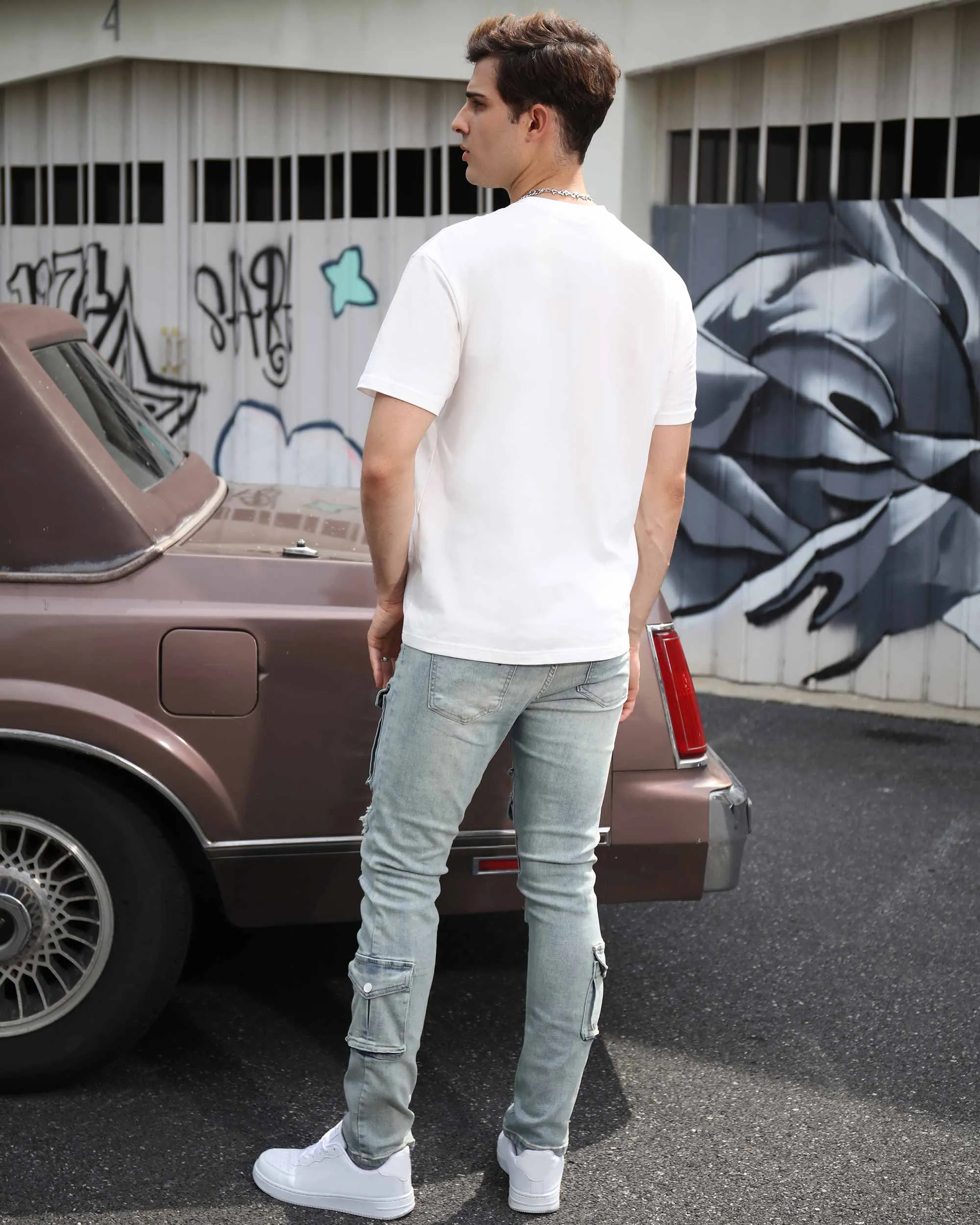 Distressed Blue Cargo Ripped Jeans with Multiple Pockets-Mexico Local Delivery