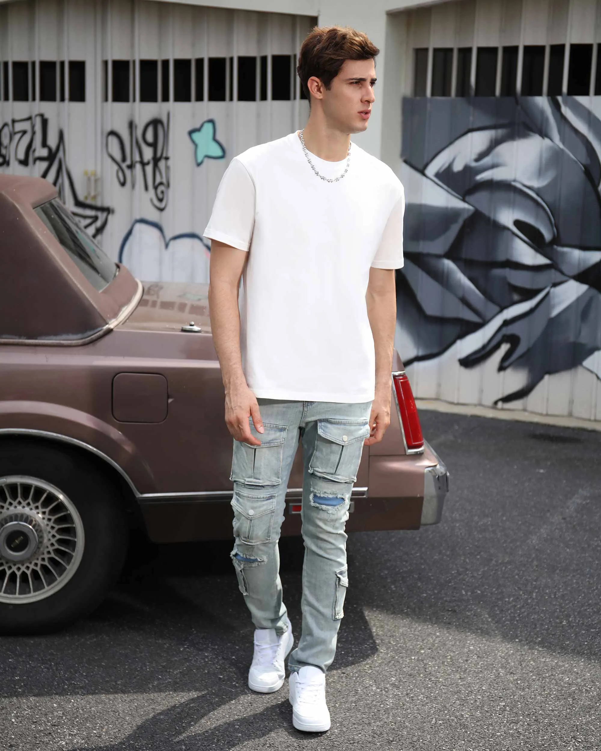 Distressed Blue Cargo Ripped Jeans with Multiple Pockets-Mexico Local Delivery
