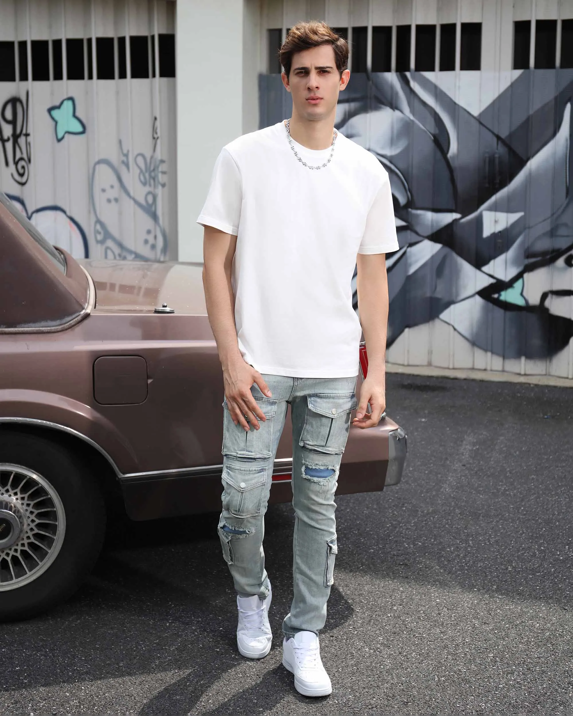 Distressed Blue Cargo Ripped Jeans with Multiple Pockets-Mexico Local Delivery