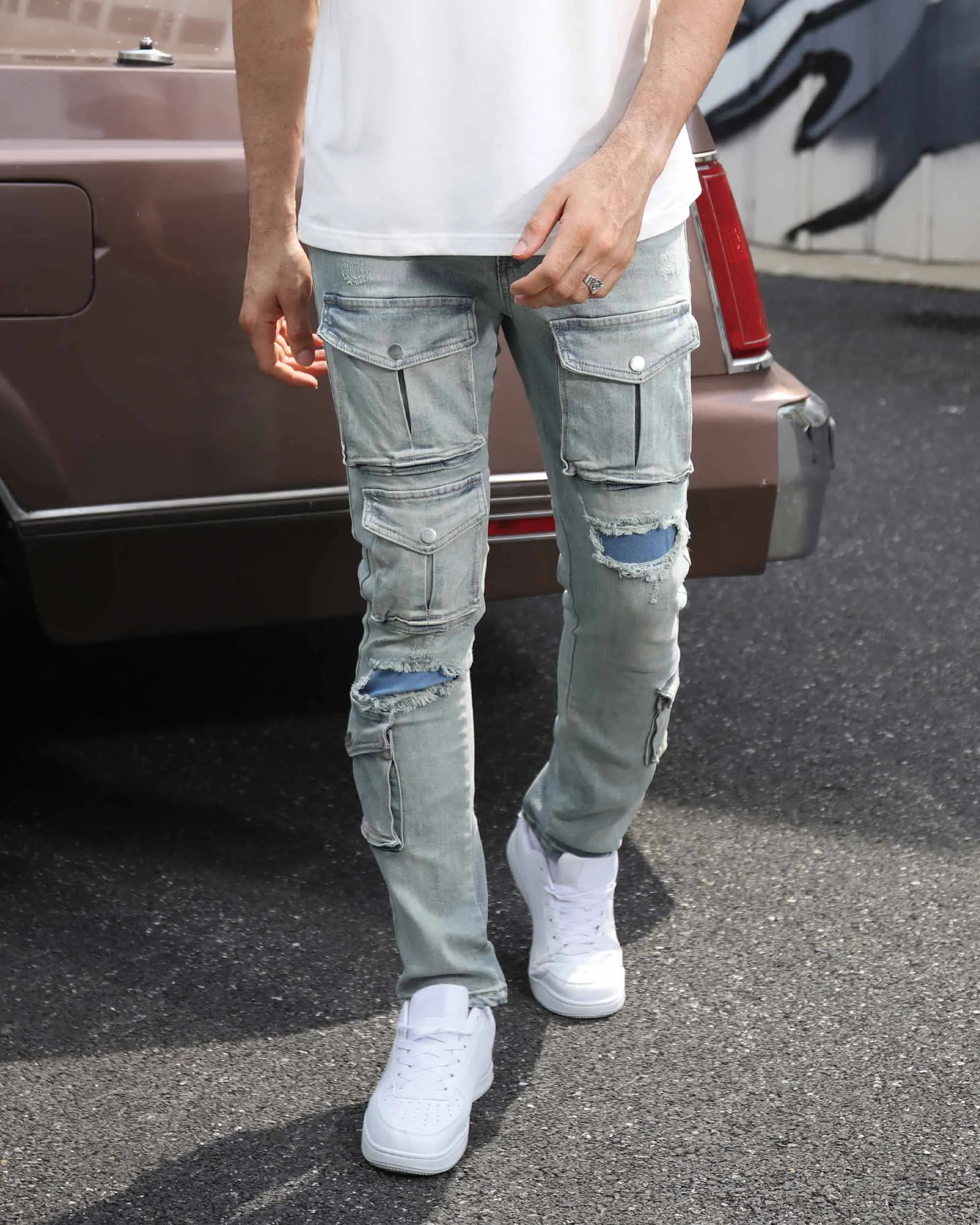 Distressed Blue Cargo Ripped Jeans with Multiple Pockets-Mexico Local Delivery