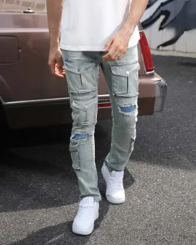Distressed Blue Cargo Ripped Jeans with Multiple Pockets-Mexico Local Delivery