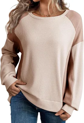 Dokotoo Oversized Sweatshirt for Women Waffle Knit Color Block Crewneck Long Sleeve Casual High Low Pullover Sweatshirts Tops