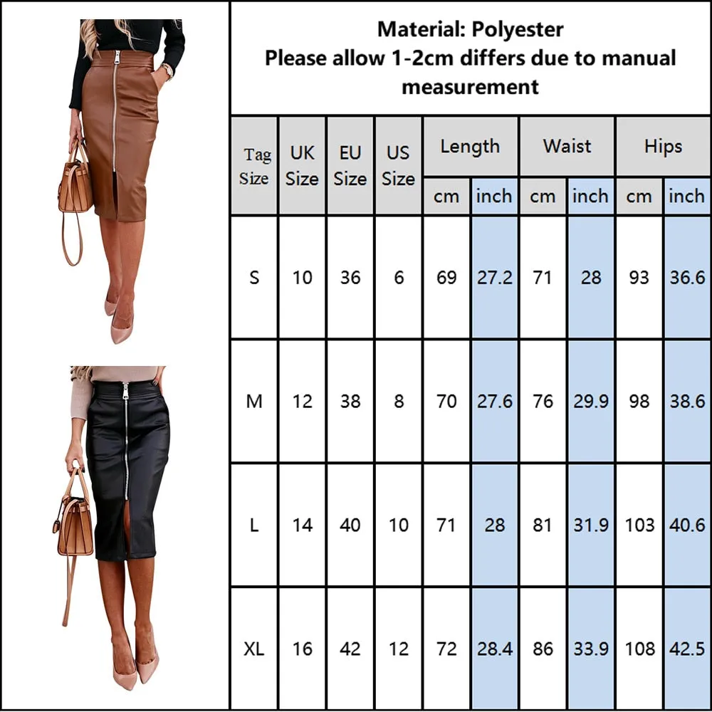 Elegant Faux Leather Front Zipper Midi Skirt