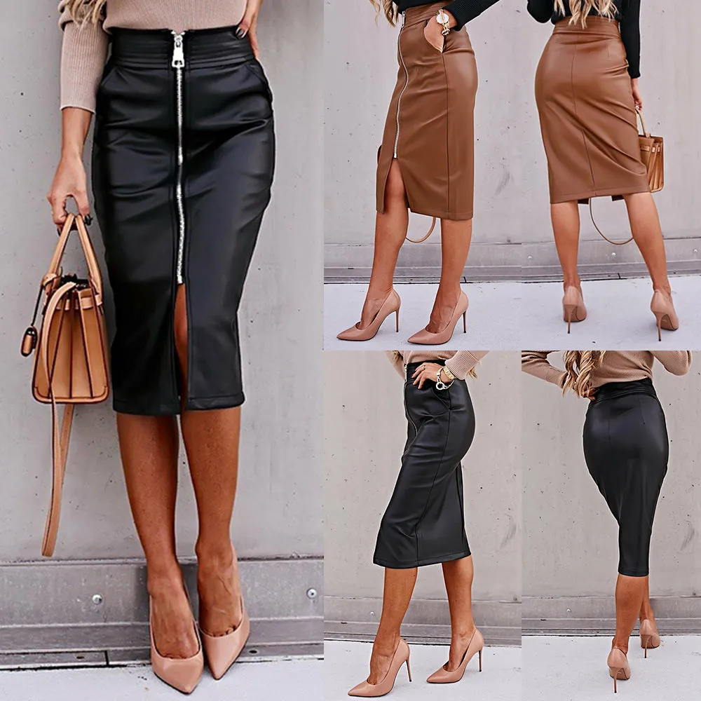 Elegant Faux Leather Front Zipper Midi Skirt