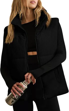 EVALESS Corduroy Cropped Puffer Vest for Women Lightweight Stand Collar Sleeveless Jackets Zip Up Clothes Fashion 2024