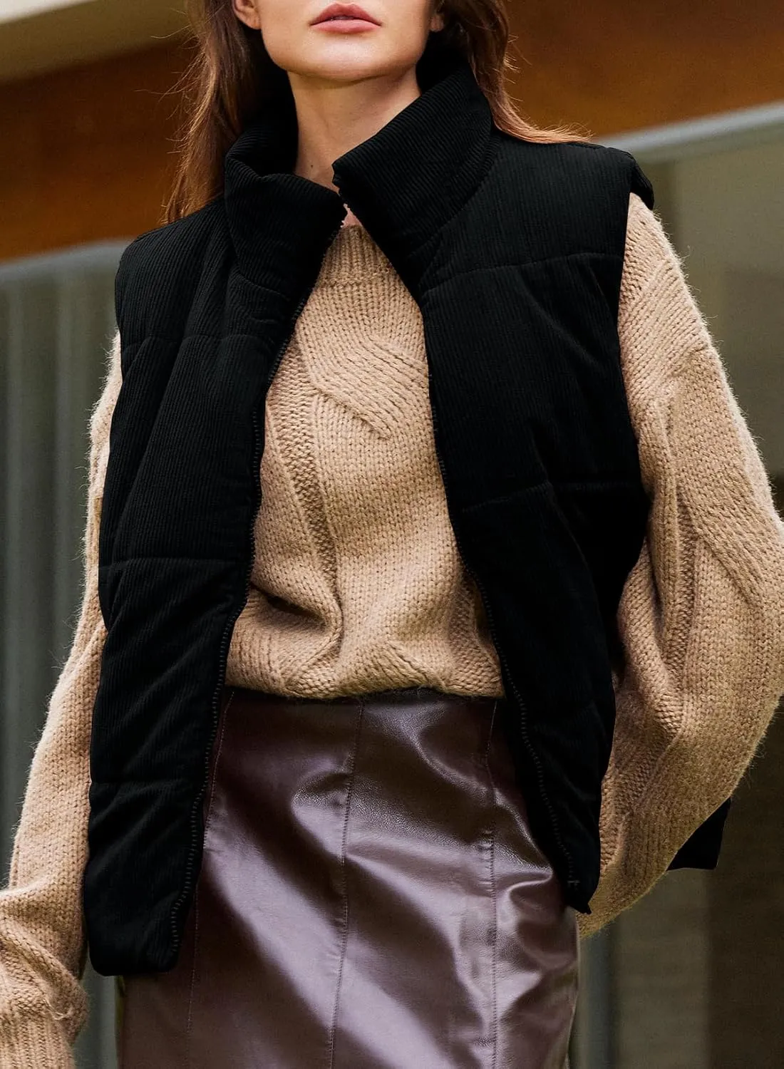 EVALESS Corduroy Cropped Puffer Vest for Women Lightweight Stand Collar Sleeveless Jackets Zip Up Clothes Fashion 2024