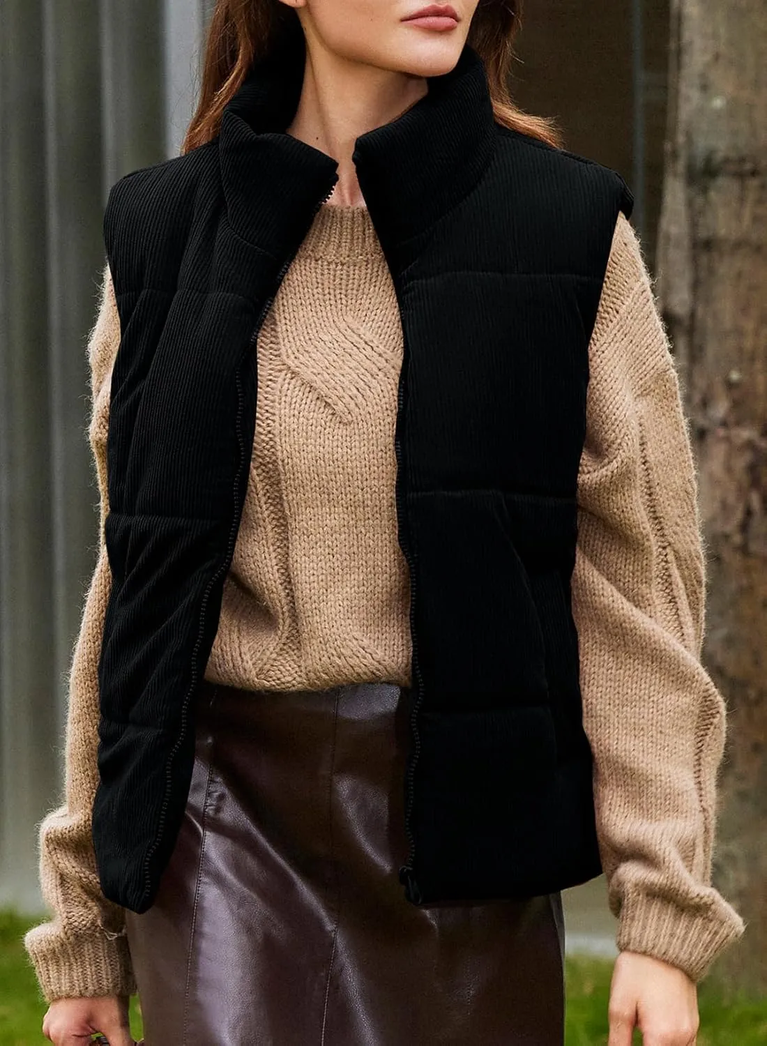 EVALESS Corduroy Cropped Puffer Vest for Women Lightweight Stand Collar Sleeveless Jackets Zip Up Clothes Fashion 2024