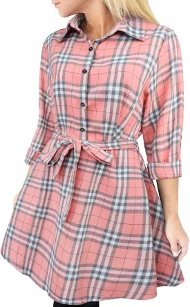 FANCYINN Women Long Sleeve Plaid Pattern Tunic Tops Shirt Casual Dress