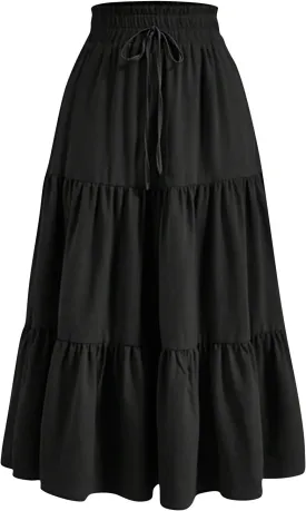 Floral Midi Skirts for Women Summer Flowy Tiered Skirt Drawstring Summer Knee Length A Line Skirts with Pockets