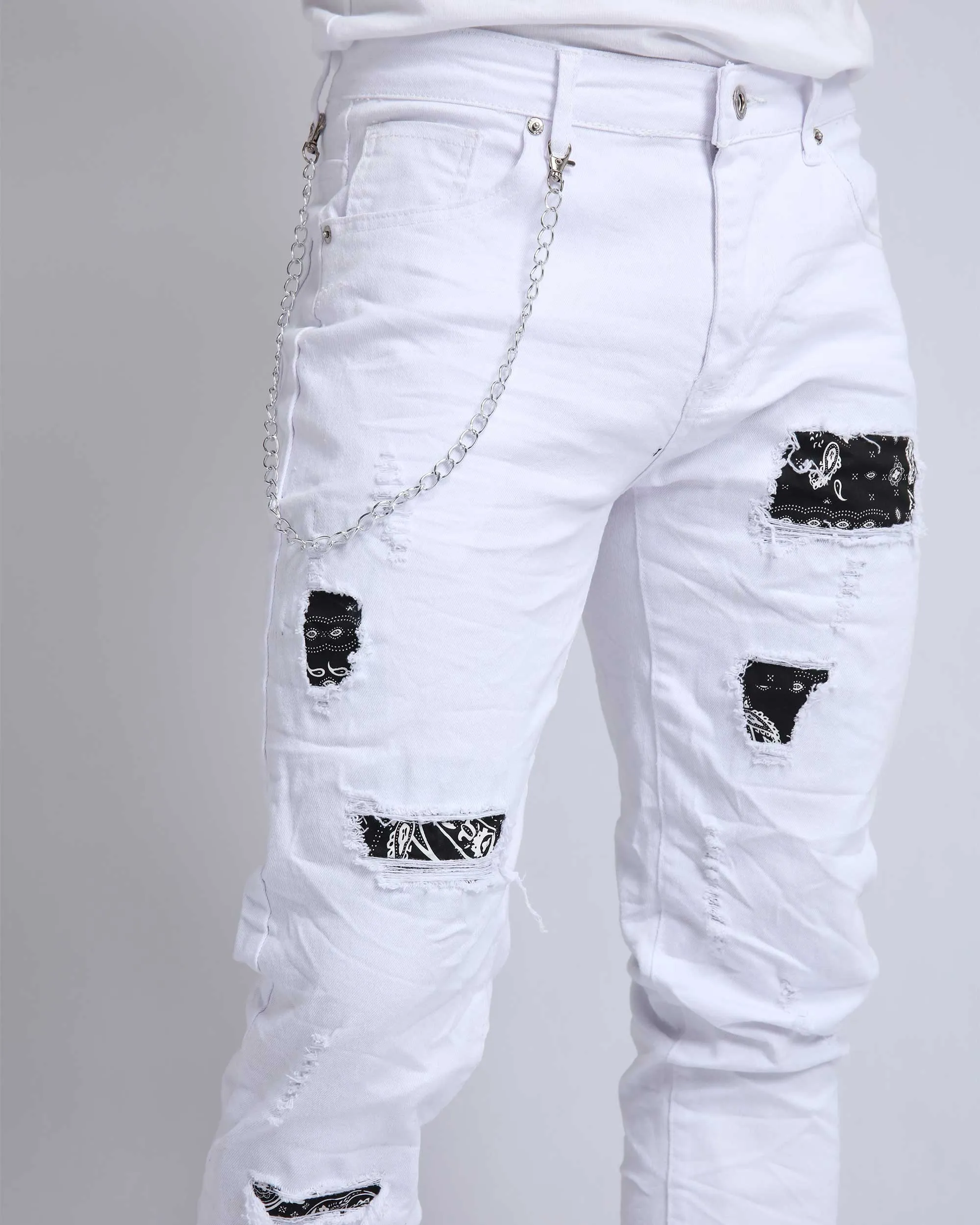 Graffiti Patch Slim Fit Ripped White Jeans