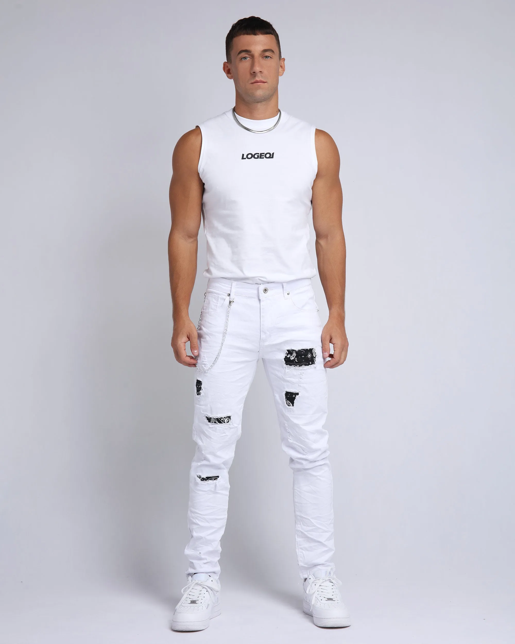 Graffiti Patch Slim Fit Ripped White Jeans