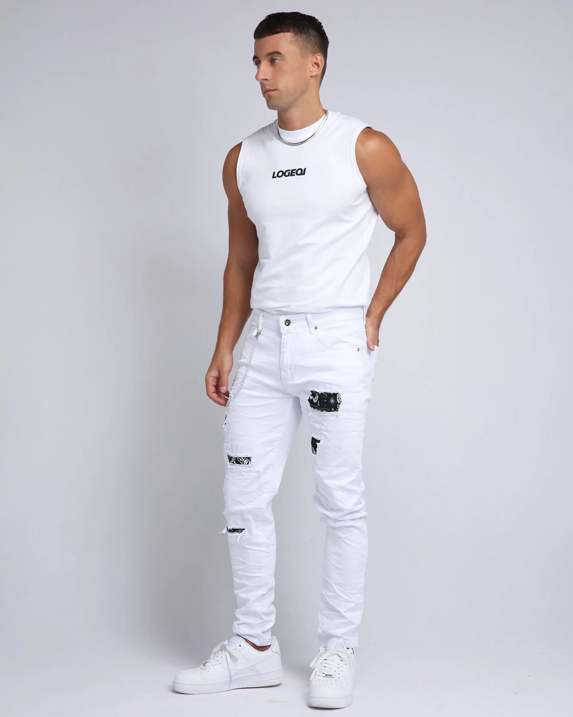 Graffiti Patch Slim Fit Ripped White Jeans