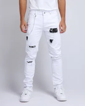 Graffiti Patch Slim Fit Ripped White Jeans