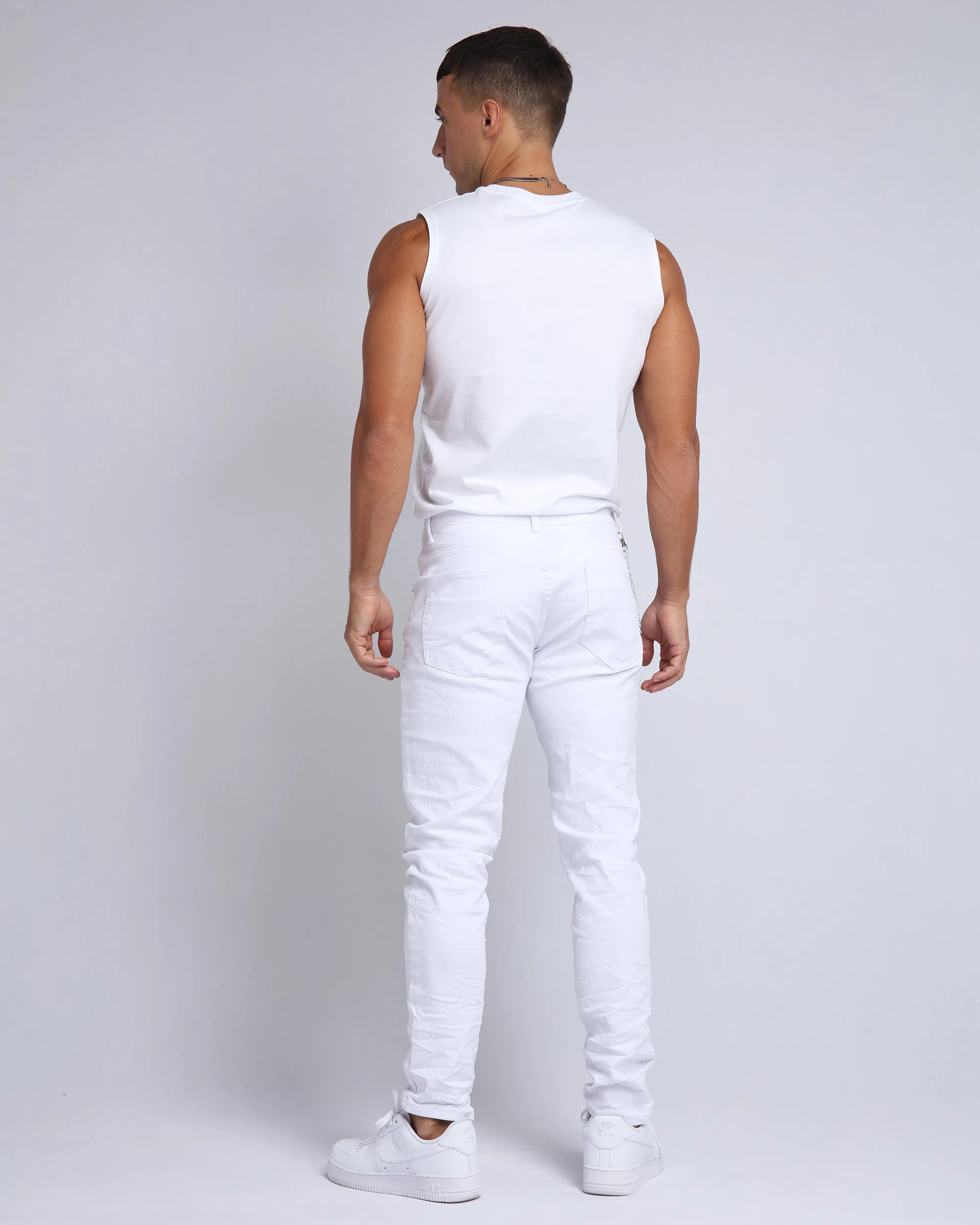 Graffiti Patch Slim Fit Ripped White Jeans