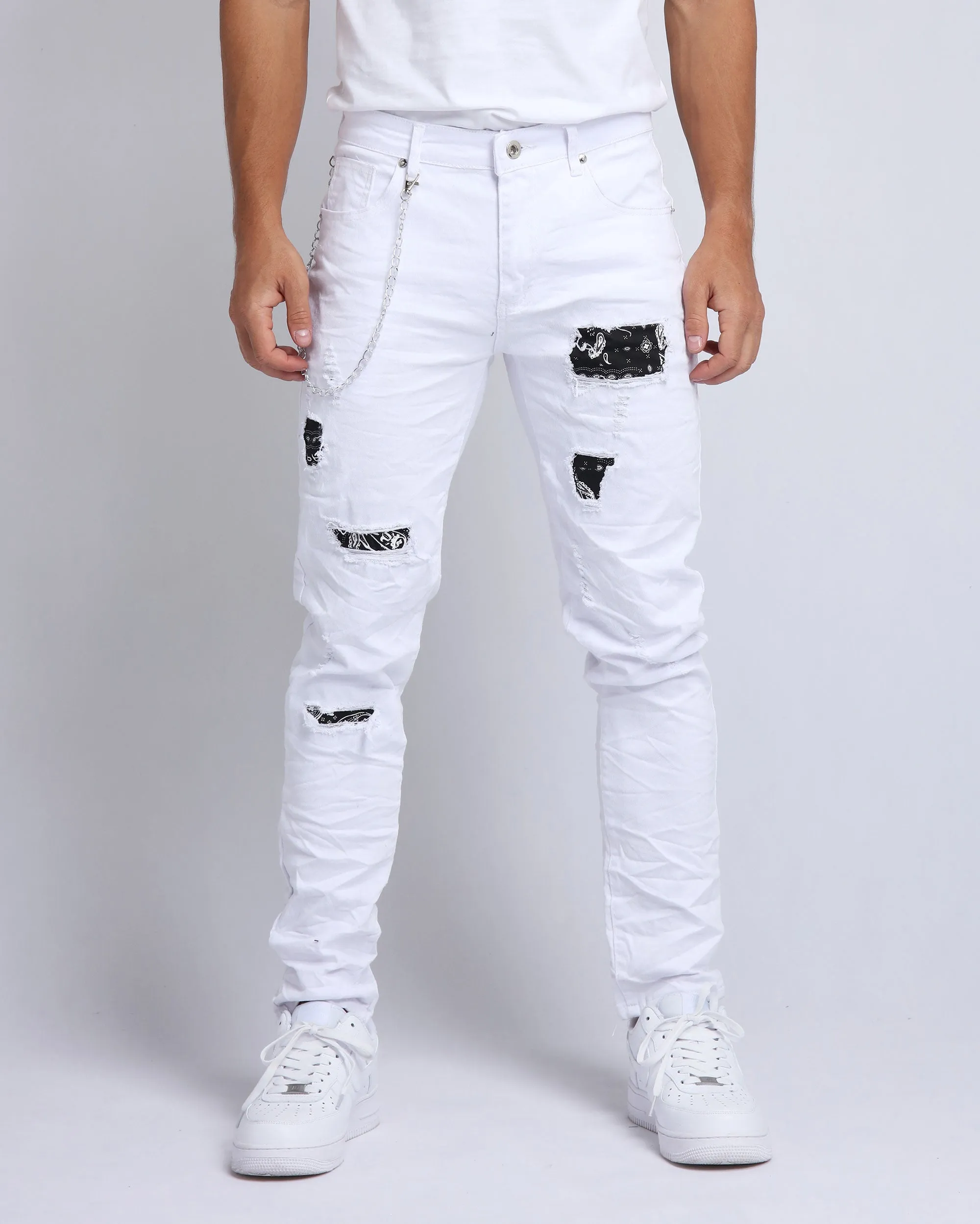 Graffiti Patch Slim Fit Ripped White Jeans