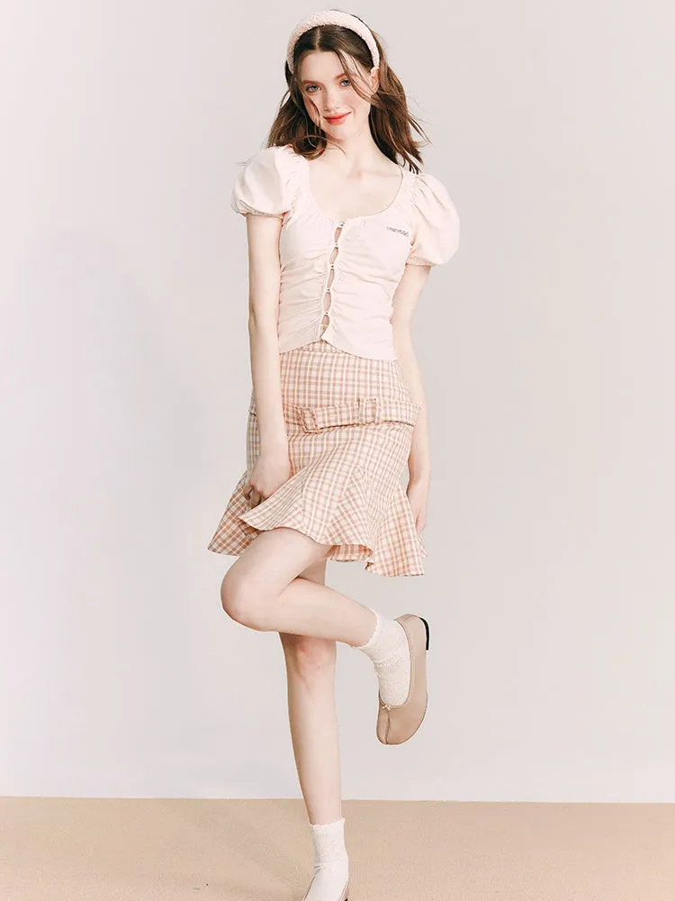 Grid Belt Ruffled High Waist Skirt