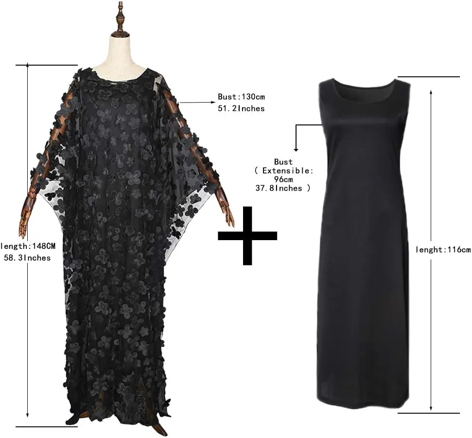 HD Afircan Women Applique Flower Dress Boat Neck Caftan Chiffon Gown One Size