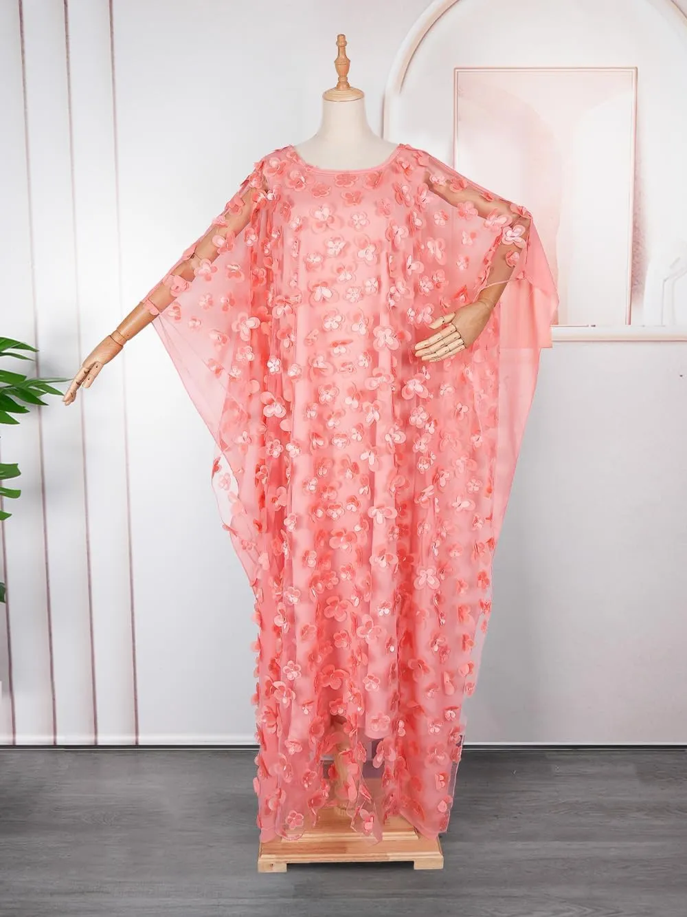HD Afircan Women Applique Flower Dress Boat Neck Caftan Chiffon Gown One Size
