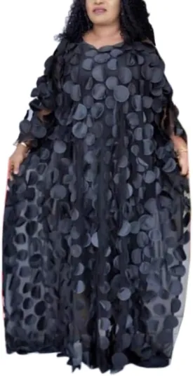 HD Afircan Women Applique Flower Dress Boat Neck Caftan Chiffon Gown One Size