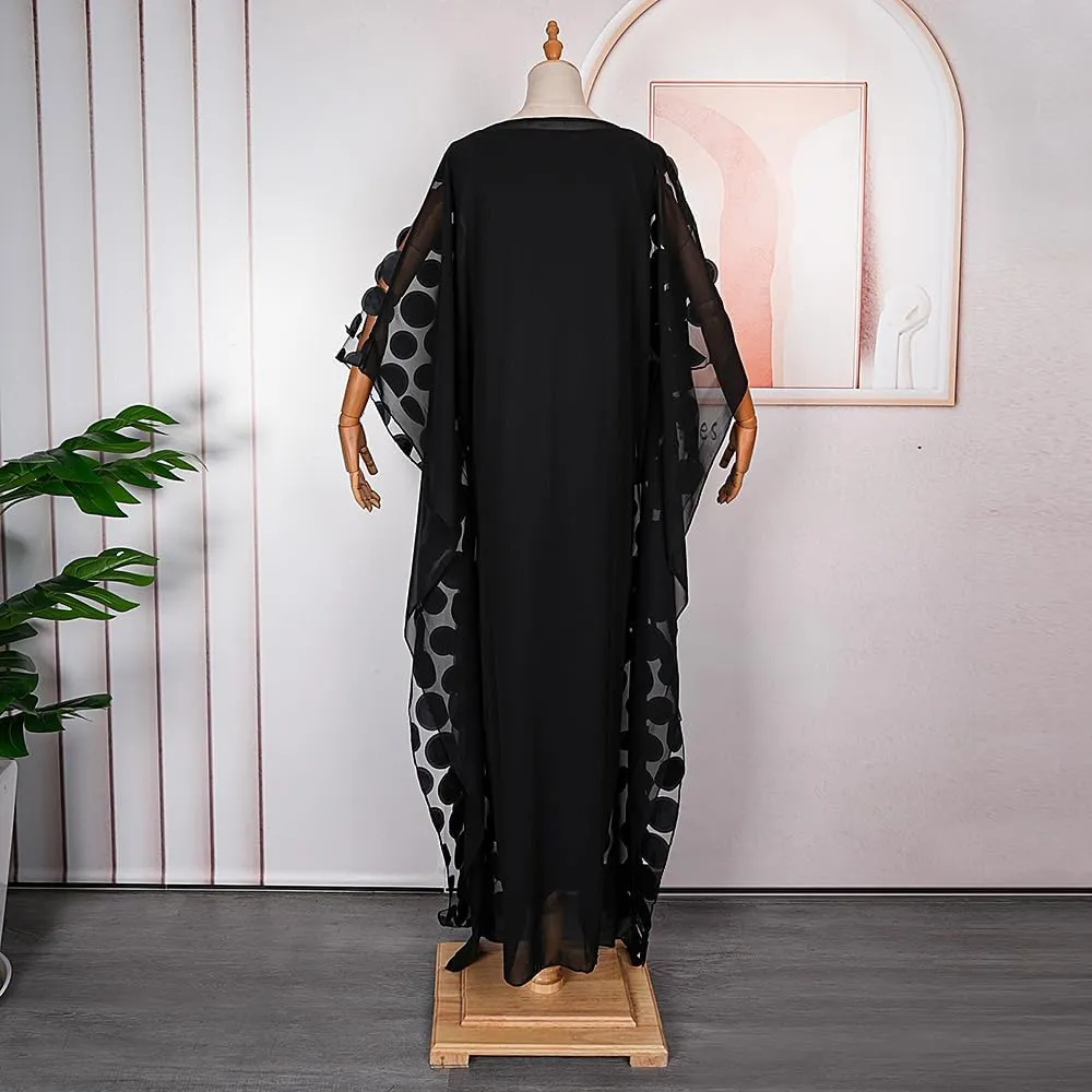 HD Afircan Women Applique Flower Dress Boat Neck Caftan Chiffon Gown One Size