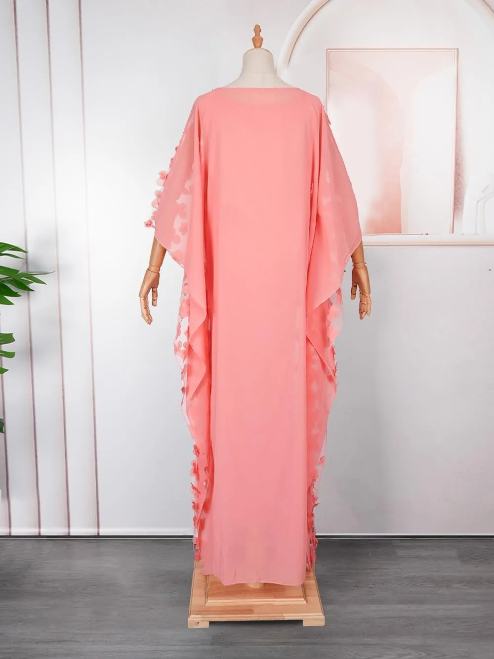 HD Afircan Women Applique Flower Dress Boat Neck Caftan Chiffon Gown One Size