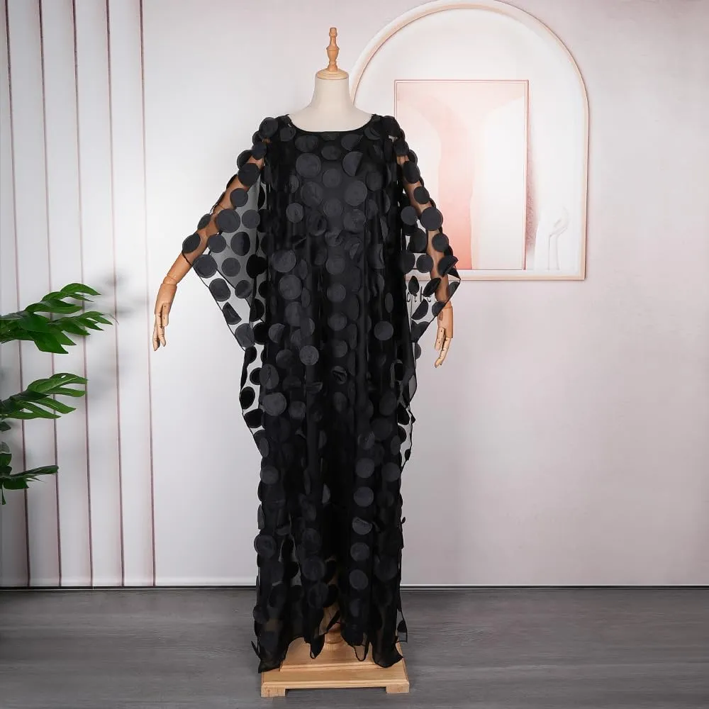 HD Afircan Women Applique Flower Dress Boat Neck Caftan Chiffon Gown One Size