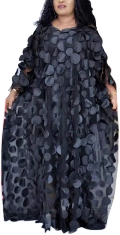 HD Afircan Women Applique Flower Dress Boat Neck Caftan Chiffon Gown One Size