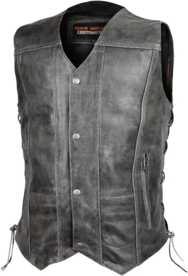 High Mileage Mens Distressed Premium Cowhide Ten Pocket Leather Motorcycle Vest with Dual Conceal Carry Pockets