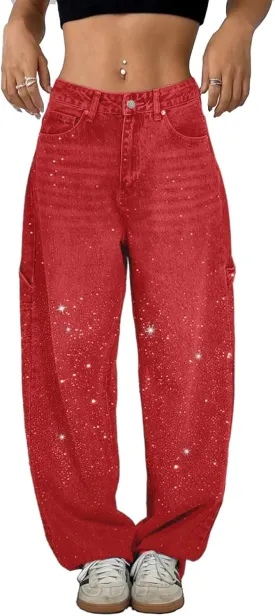 High Waisted Baggy Jeans for Women Diamond Straight Loose Jeans Fashion Vintage Boyfriend Denim Pants