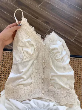 Hnewly High Street Simple Tank Top Vintage Spring Summer Beige Camisole Pearl Fashion Off Shoulder Casual Lace Vest Coquette Mori Girl