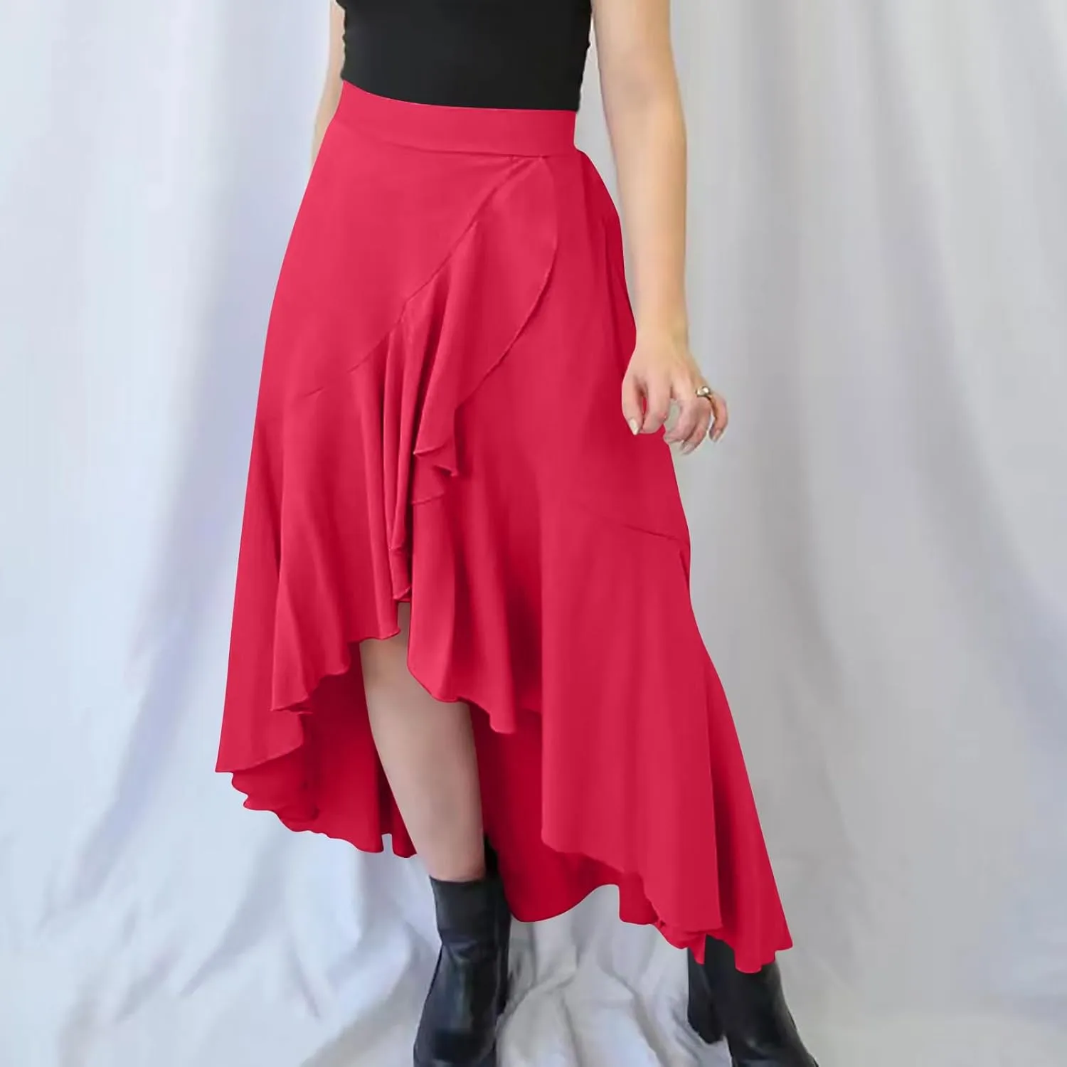 JOAU High Waist Wrap Irregular Flowy Ruffle Skirts for Women Trendy Summer High Low Slit Front A-line Midi Skirt